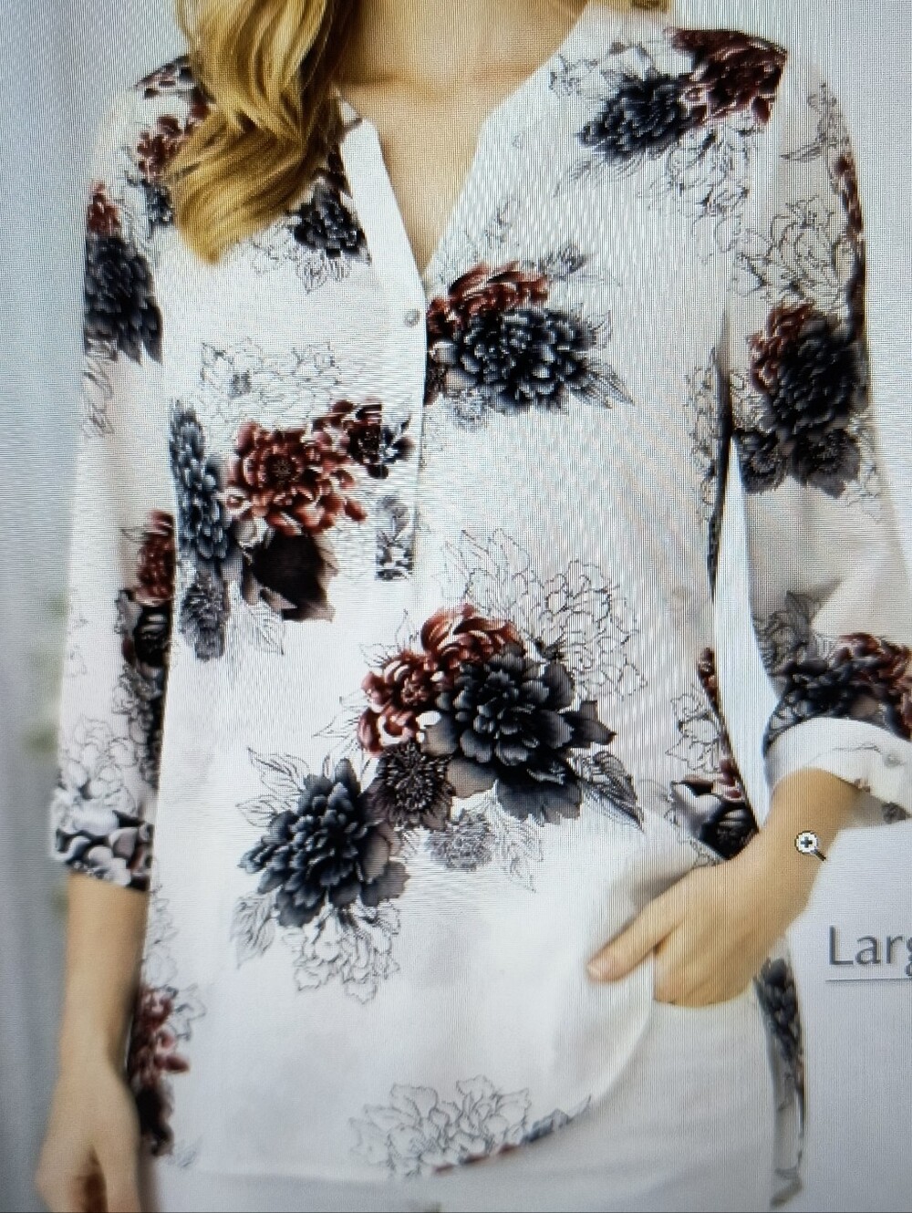Daniel Rainn Ivory Floral V-Neck Tunic with Black & Burgundy Blooms